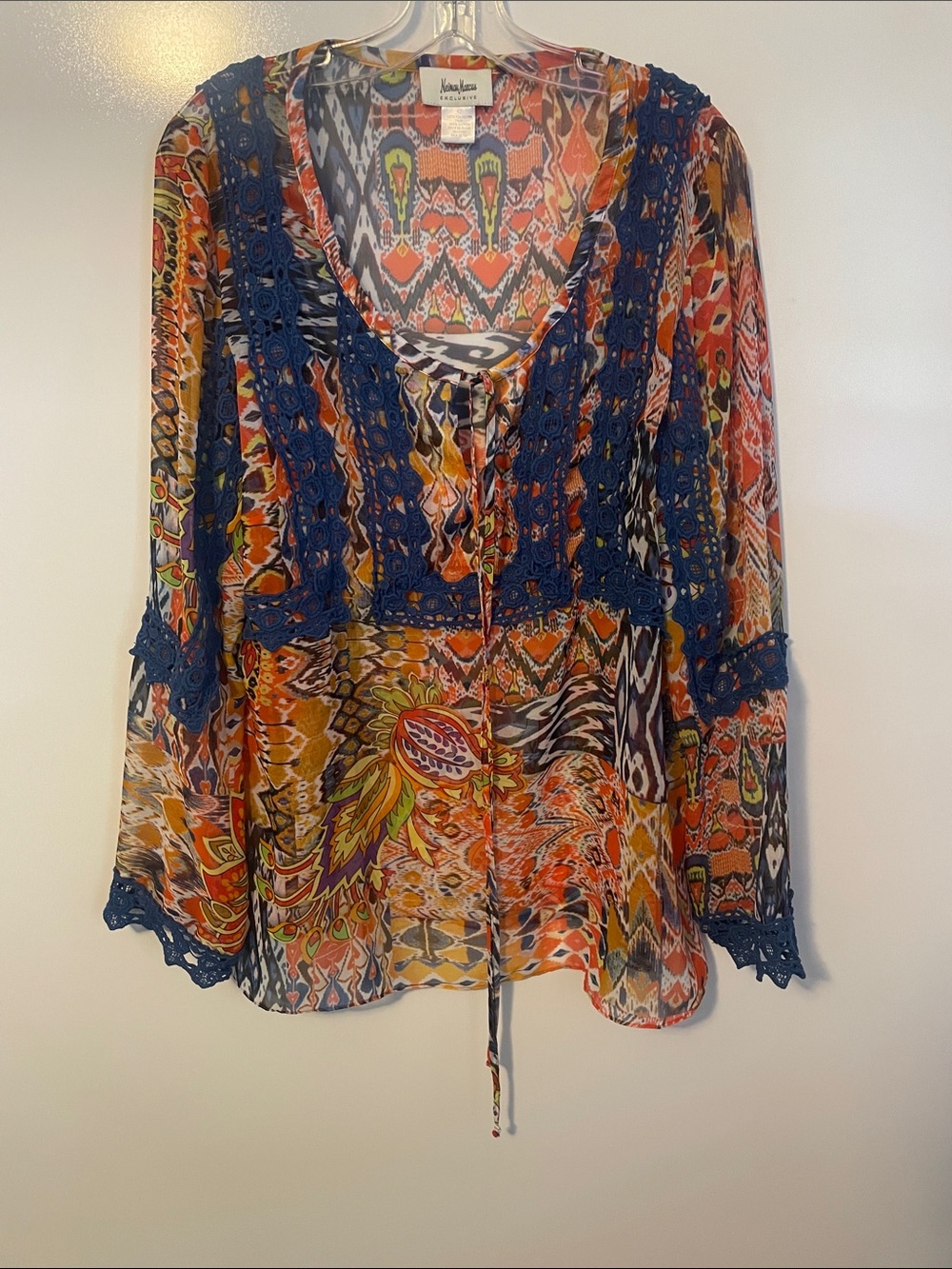 Neiman Marcus Orange/Blue Sheer Boho Blouse Size Large